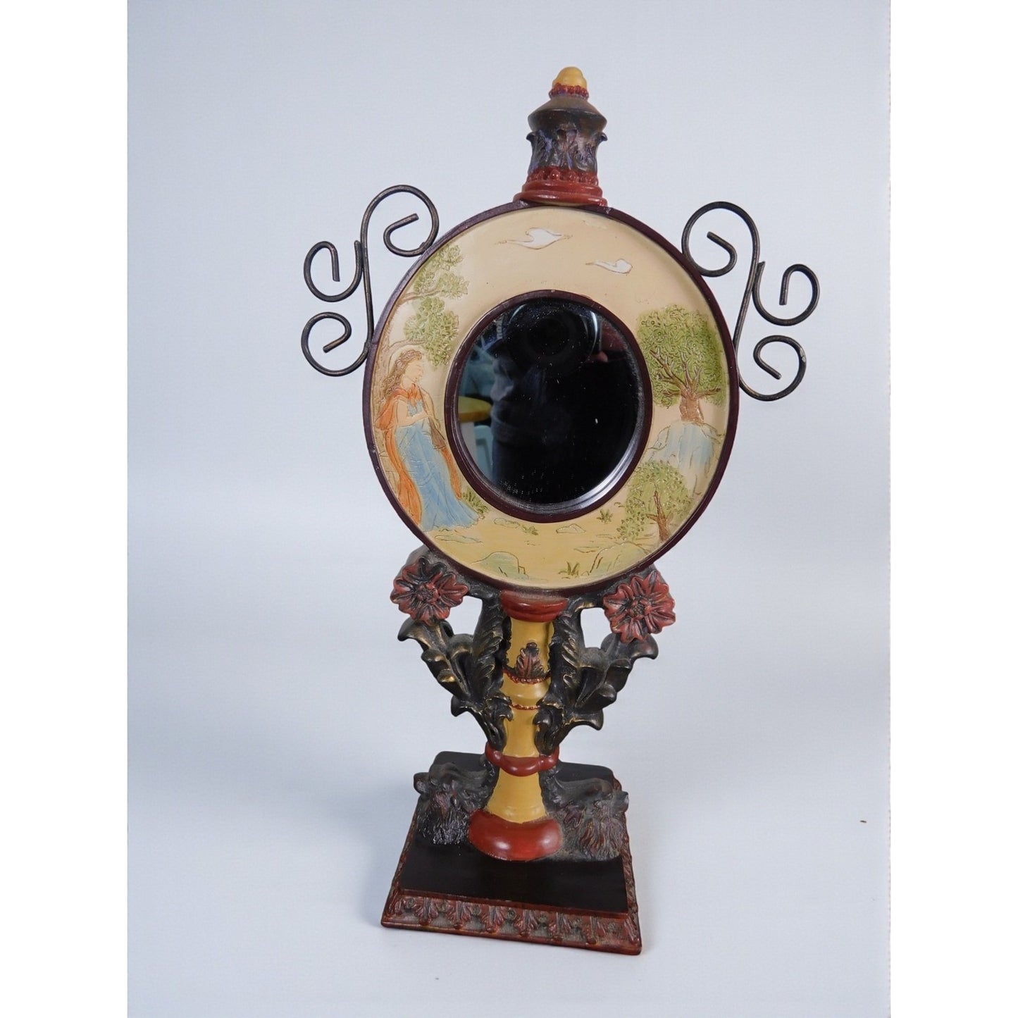 Ornate Convex Lady Mirror 11" Floral Resin Tabletop