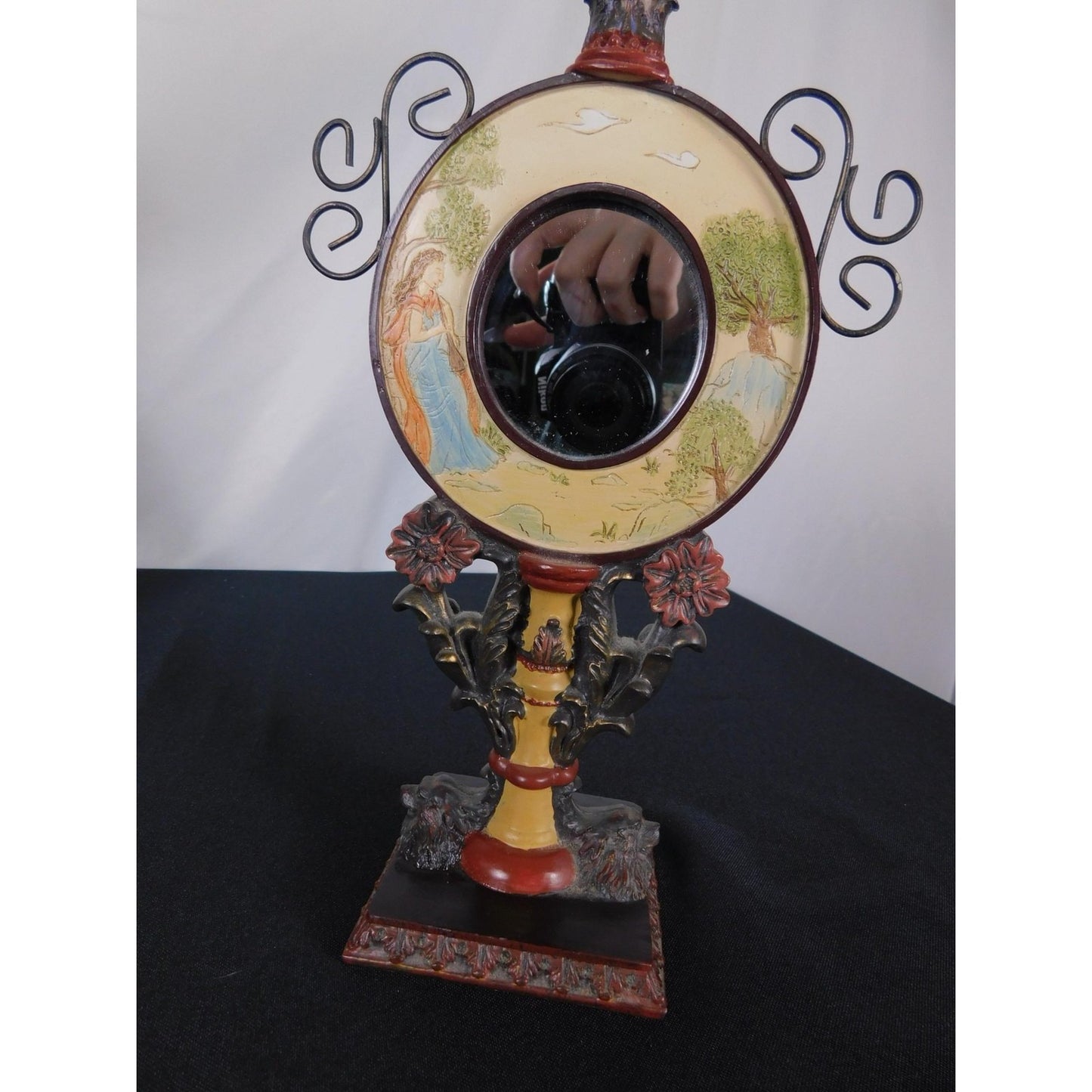 Ornate Convex Lady Mirror 11" Floral Resin Tabletop