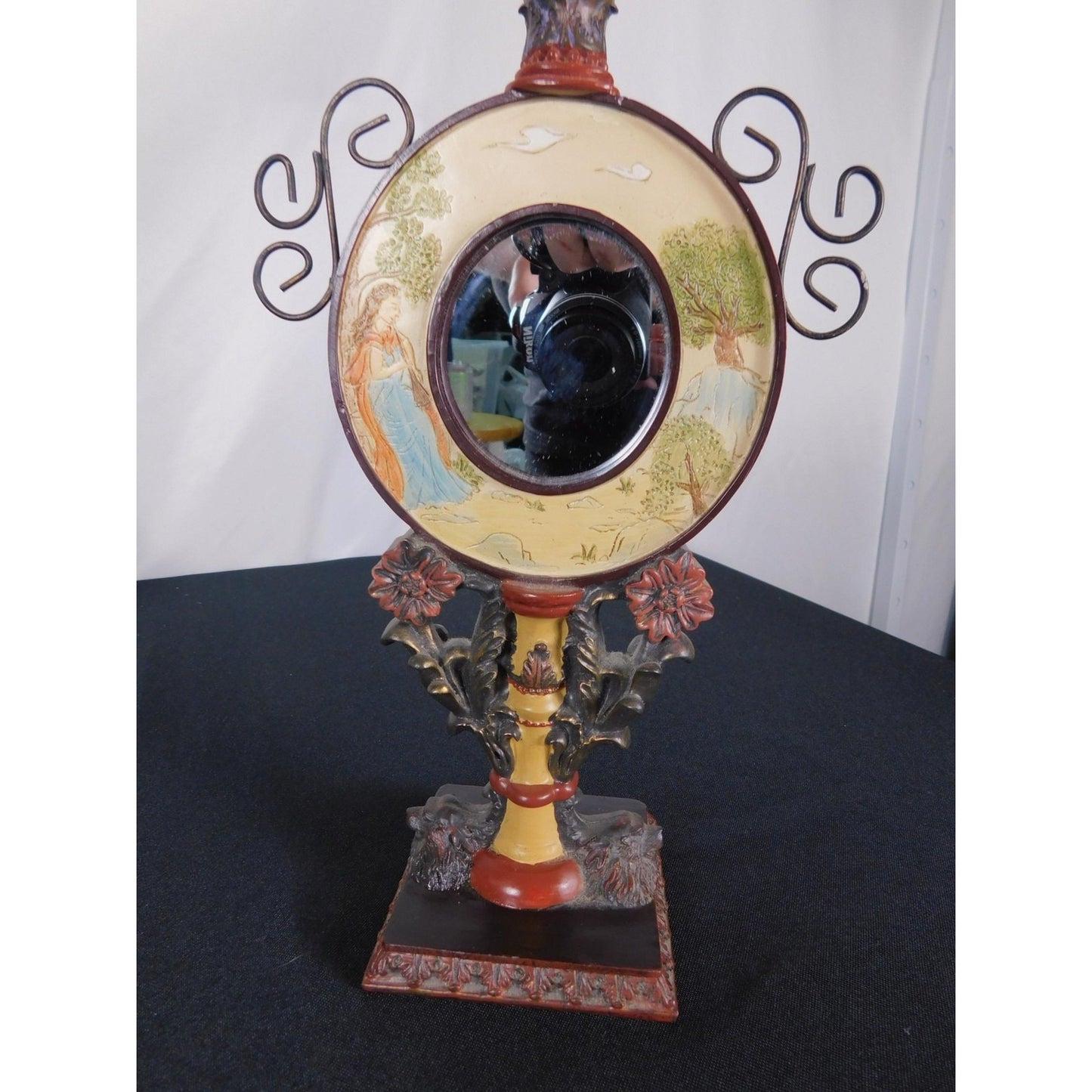 Ornate Convex Lady Mirror 11" Floral Resin Tabletop