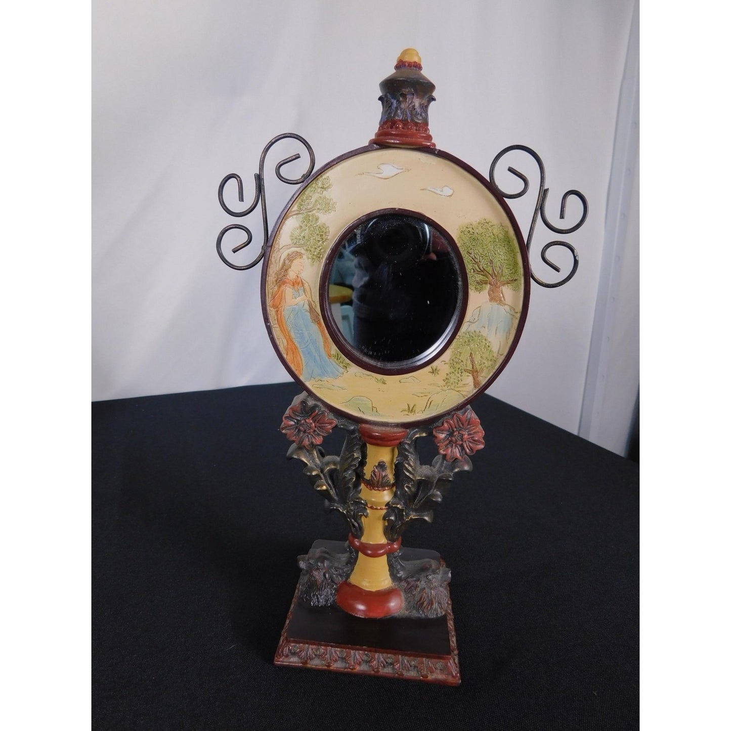 Ornate Convex Lady Mirror 11" Floral Resin Tabletop