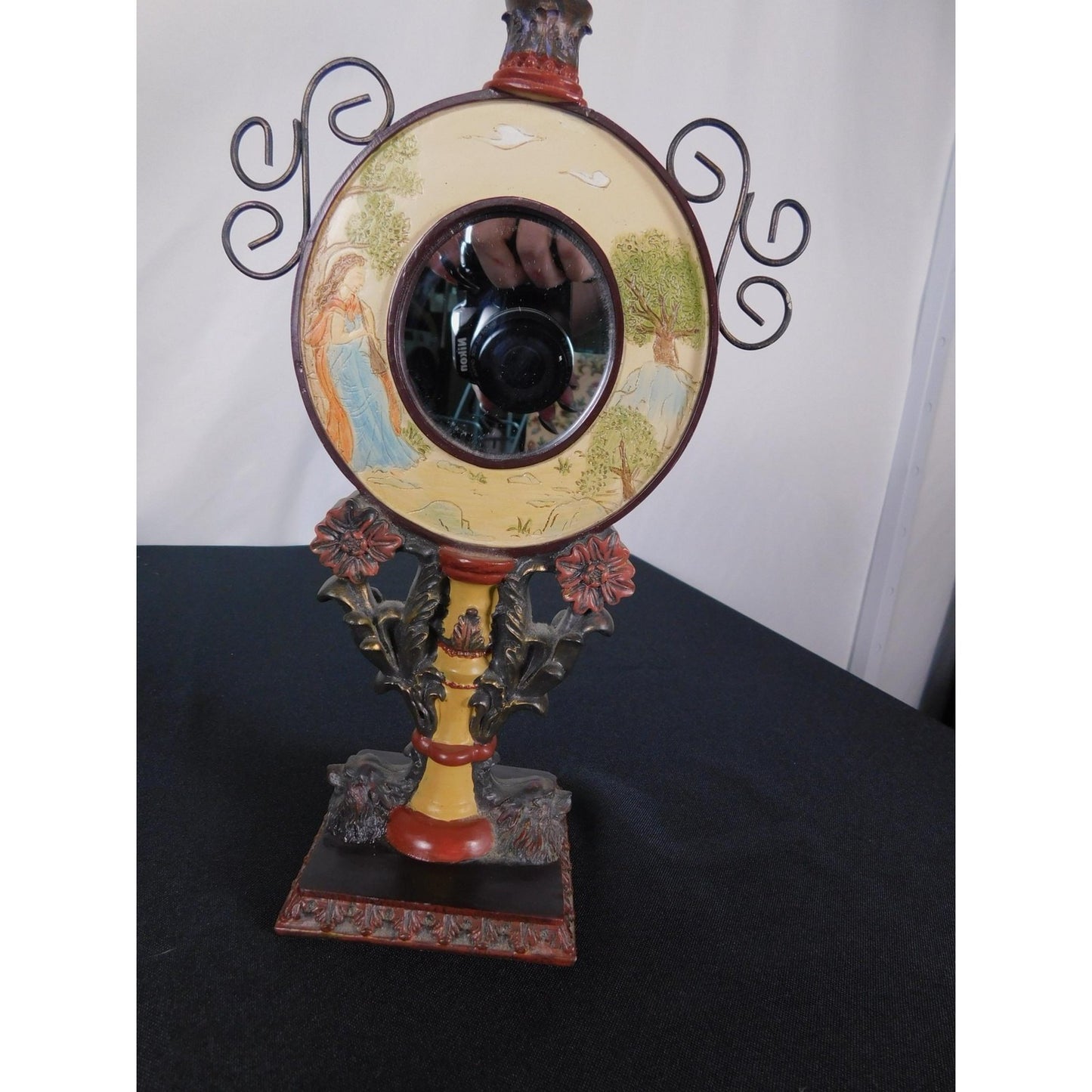 Ornate Convex Lady Mirror 11" Floral Resin Tabletop