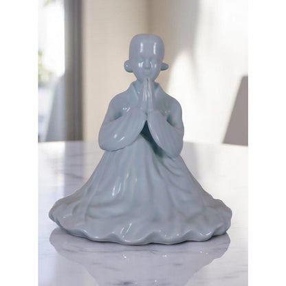 Vintage Blue Glazed Porcelain Kwan Yin Figurine 8.5" Goddess Of Mercy Statue In Prayer