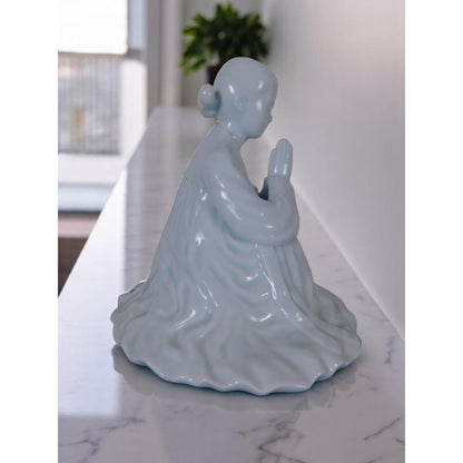 Vintage Blue Glazed Porcelain Kwan Yin Figurine 8.5" Goddess Of Mercy Statue In Prayer