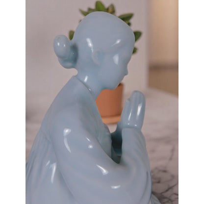 Vintage Blue Glazed Porcelain Kwan Yin Figurine 8.5" Goddess Of Mercy Statue In Prayer