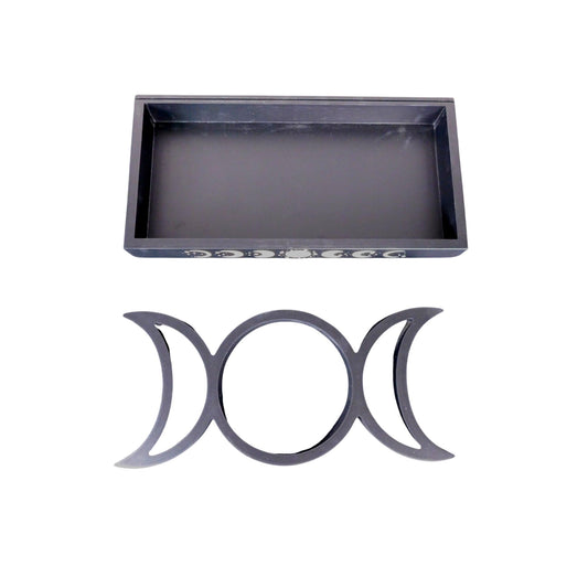 Triple Moon Wooden Tarot Card & Crystal Display Tray Black Finish 8"x5"x1" Moon Phase Design