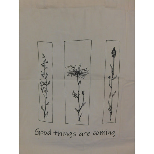 Floral Quote Tote Bag Womens Medium Beige Canvas Good Things Are Coming Eco