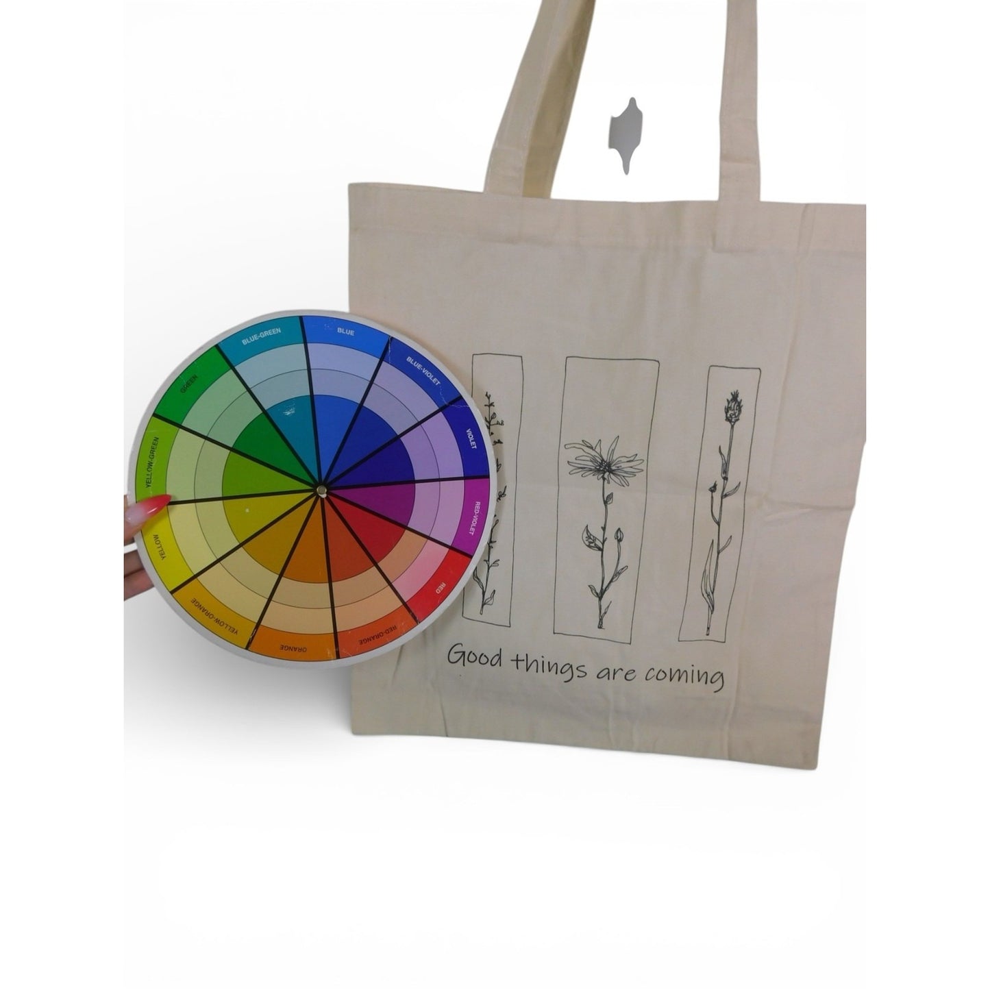 Floral Quote Tote Bag Womens Medium Beige Canvas Good Things Are Coming Eco