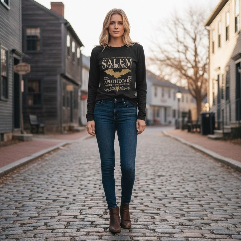 Salem Apothecary Graphic Black Long Sleeve Shirt XL Gothic-Inspired Design