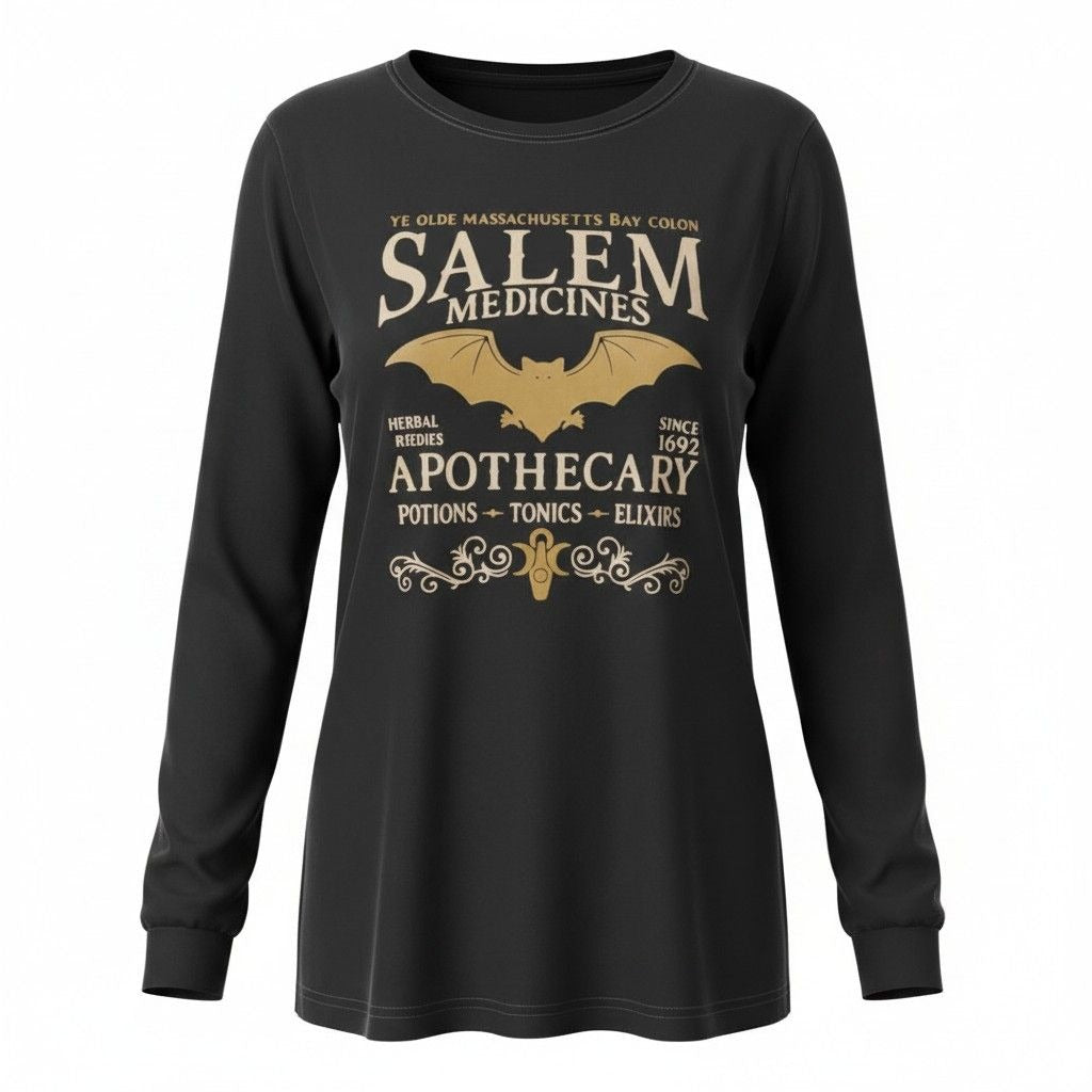 Salem Apothecary Graphic Black Long Sleeve Shirt XL Gothic-Inspired Design