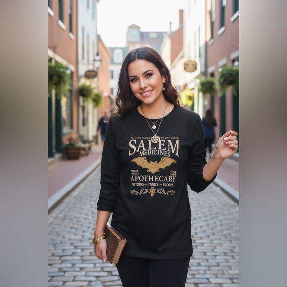 Salem Apothecary Graphic Black Long Sleeve Shirt XL Gothic-Inspired Design
