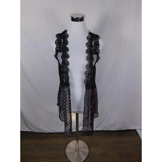 No Boundaries Black Floral Lace Vest M - Sheer Boho Open Front - Excellent